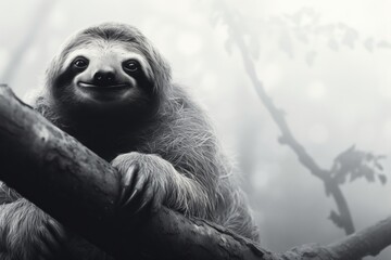 foggy black and white portrait of a sloth in the trees