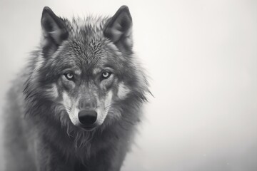 foggy black and white portrait of a lone wolf