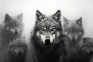 foggy black and white portrait of a wolf pack
