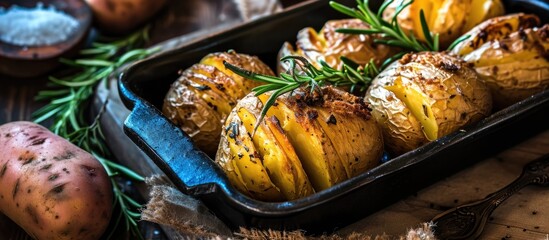 Baked potatoes with rosemary, rustic style.
