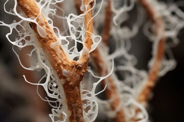 Close-up of mold hyphae showing their branching structures.