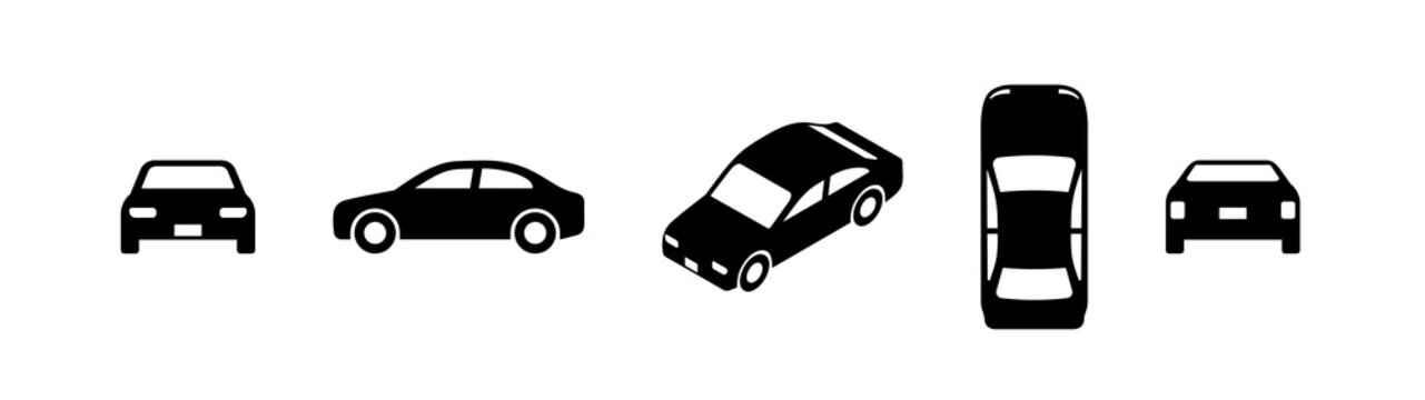 Automobile icon set. Front, side, top, back and isometric views. Solid style black color icons.