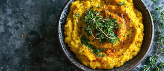 Turmeric split pea mash with herbs and olive oil, top view. - obrazy, fototapety, plakaty