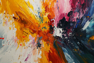 A lively abstract representation of a paint explosion, with dynamic brushstrokes and vibrant splashes converging in a visually engaging and chaotic dance.