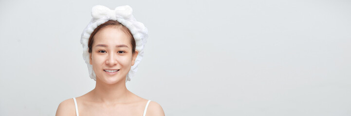 Asia beauty woman face healthy skin model portrait. Color background. banner