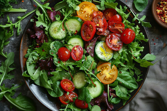 A visually appealing composition featuring a refreshing summer salad with mixed greens, cherry tomatoes, cucumbers, and avocado, drizzled with a zesty dressing.