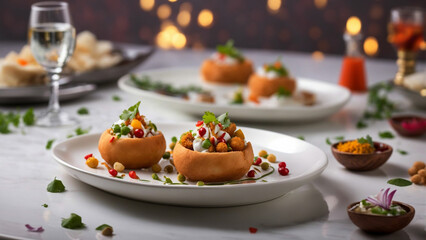Showcase the beauty of Indian chaat on a pristine white plate, set on a restaurant table background