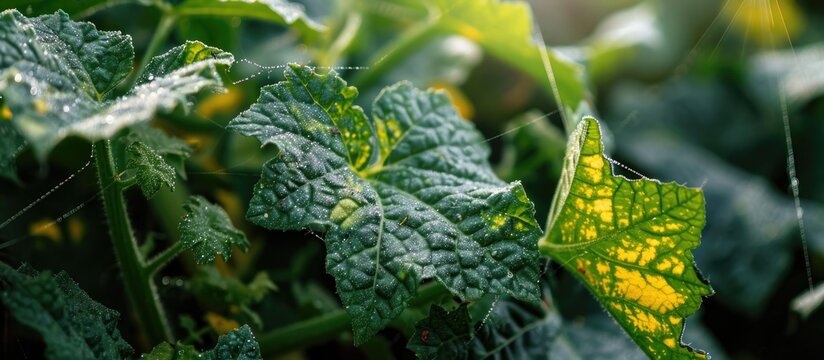 Cucumber leaves with yellow discoloration, cobweb, eggs, excrements, and spider mites shown in photo.