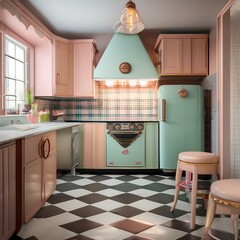A vintage-inspired kitchen with pastel-colored appliances, retro diner-style seating, and checkered...