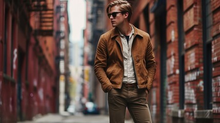 The perfect combination of edgy and refined, with a tailored suede moto jacket, breezy linen shirt, versatile chinos, and polished loafers. - obrazy, fototapety, plakaty