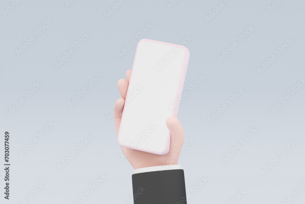 Poster 3d hand holding mobile phone isolated on blue background,hand using smartphone with empty screen for