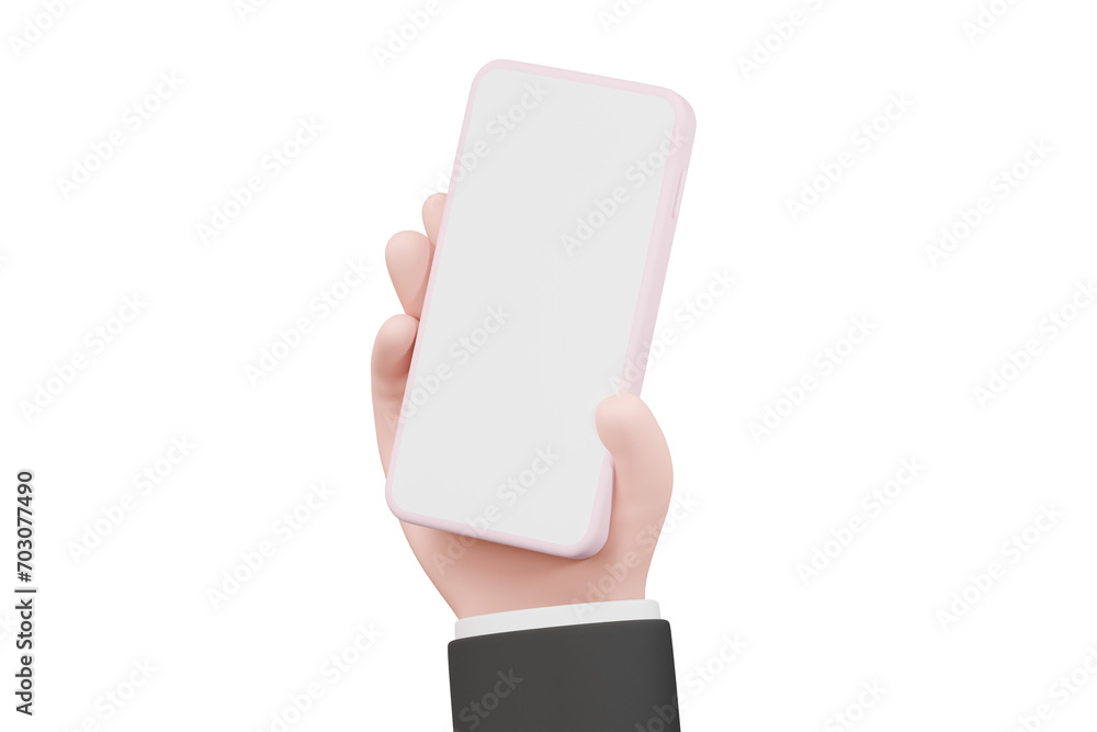 Poster 3d hand holding mobile phone isolated on blue background,hand using smartphone with empty screen for