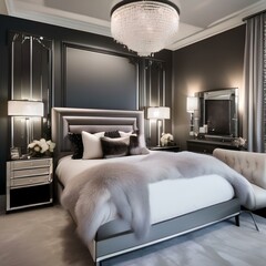 A Hollywood glamour-inspired bedroom with mirrored furniture, fur throws, and lavish crystal embellishments2