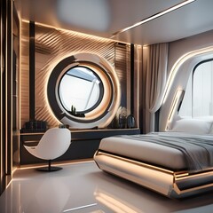 A futuristic space station-inspired bedroom with metallic accents, futuristic furniture, and spaceship-themed decor3 - obrazy, fototapety, plakaty