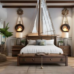 A whimsical pirate ship-themed bedroom with ship beds, treasure chests, and nautical decor2 - obrazy, fototapety, plakaty