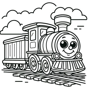 Black and White Cartoon Illustration of Funny Train or Steam Train Character for Coloring Book