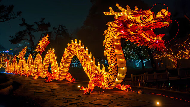 Dragons lighting up at night