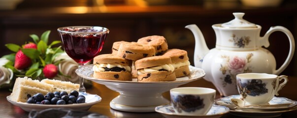 A tantalizing shot of a traditional British afternoon tea spread, complete with dainty finger sandwiches, freshly baked scones with clotted cream and jam, and a steaming pot of black tea, - obrazy, fototapety, plakaty
