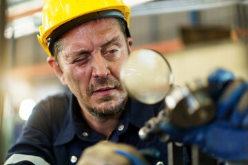 Caucasian white ethnicity worker working in metal lathing factory, male worker using a magnifying...