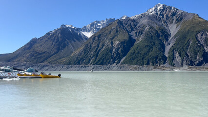 Taman lake and its icebergs in the Tasman valley in Mt Cook National park