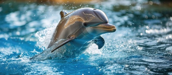 Jumping bottle-nose dolphin in blue water.