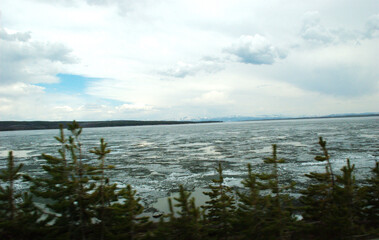 Beautiful morning at Yellowstone Lake River Hayden Valley in Yellowstone National Park, Wyoming Montana. Northwest. A summer wonderland to watch wildlife and natural landscape. Geothermal.