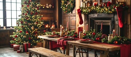 Festive Christmas table with red tablecloth, wooden centerpiece, bench, and decorated tree, fireplace with garland and wreath.