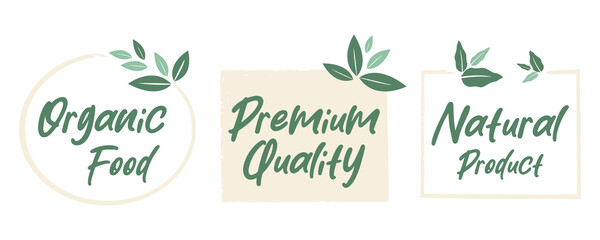 Organic food, healthy life and natural product labels and badges for food market, ecommerce, organic products promotion. - obrazy, fototapety, plakaty