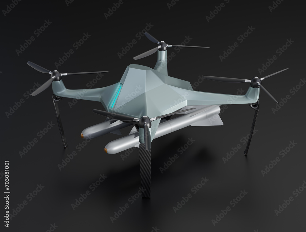 Poster military combat drone equipped with missiles on black background. generic design. 3d rendering image
