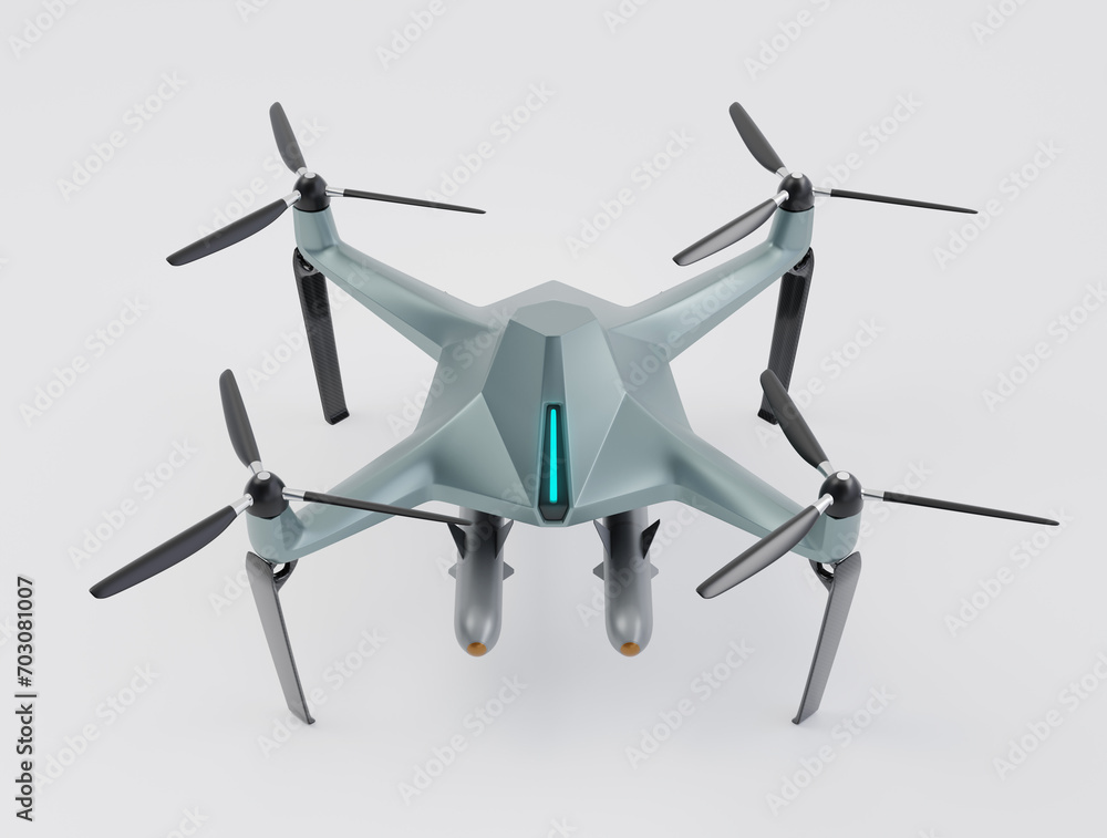 Poster front view of military drone equipped with missiles parking on the ground. 3d rendering image.