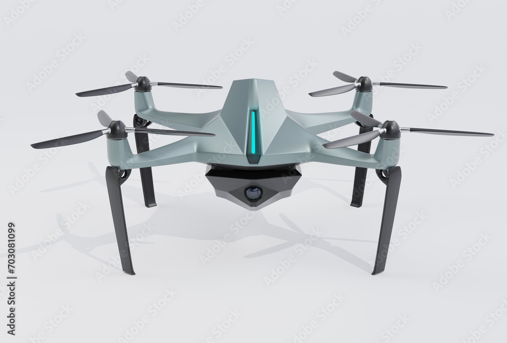 Poster front view of military drone equipped with surveillance camera parking on the ground. 3d rendering i