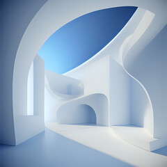 Abstract 3d white architecture interior for design, modern, contemporary, indoor and outdoor, curved wall, blue architecture, with sunny day - generated by ai