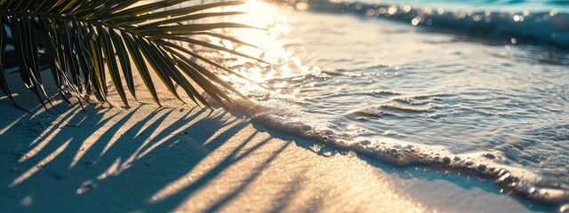 palm leaf shadow on abstract white sand beach background, sun lights at water surface, beautiful abstract background concept banner for summer and vacation at the beach - obrazy, fototapety, plakaty
