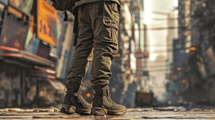 Get ready to tackle a day of urban adventures in this varsity bomber jacket, cargo pants and combat boots combo. - obrazy, fototapety, plakaty