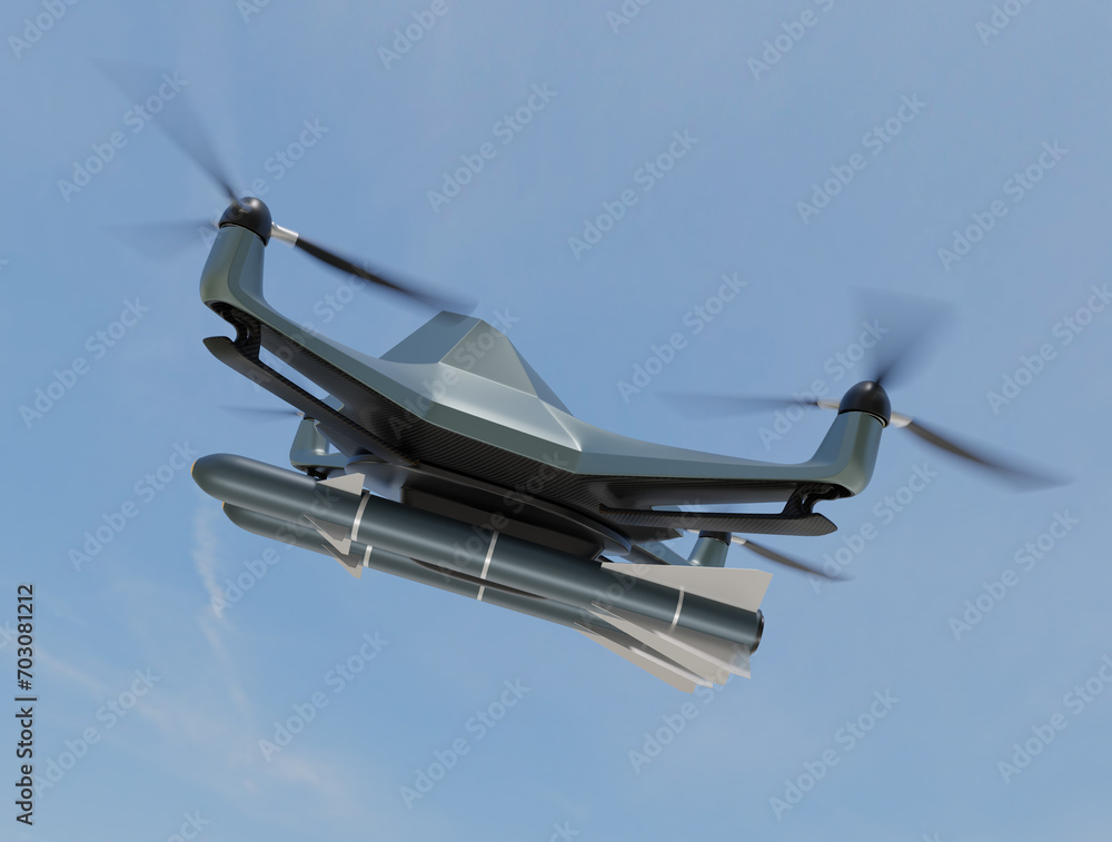 Poster military combat drone equipped with missiles flying in the sky. generic design. 3d rendering image.