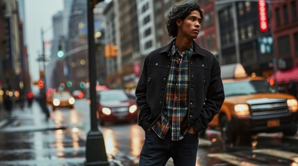 Sophistication meets comfort in this chic ensemble, featuring a refined wool varsity jacket, oversized flannel shirt, and sleek straightleg denim. - obrazy, fototapety, plakaty