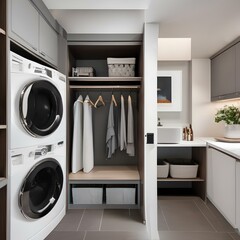 A stylish and functional laundry room with built-in storage and folding space1