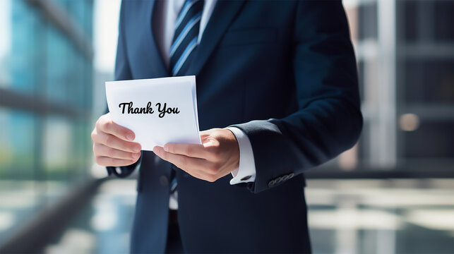 A professional person holding a thank you text card