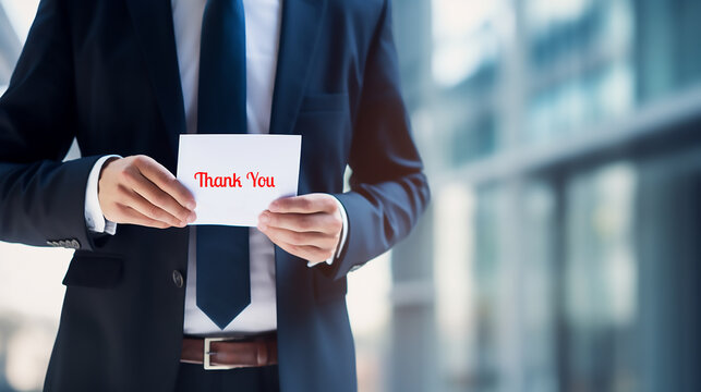 A company boss half picture holding a thank you text card
