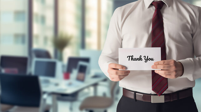 A professional man holding a thank you sign