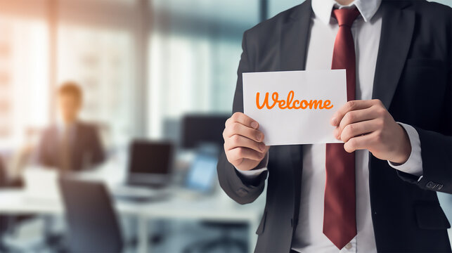Businessman holding a welcome text paper in front of office