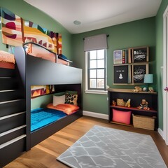 A playful and colorful kids bedroom with bunk beds, a chalkboard wall, and toy storage2