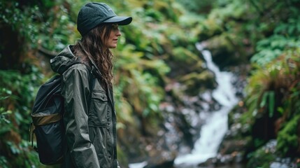 Fototapeta na wymiar Nature Lover Embrace your love for the great outdoors with this natureinspired look. The breathable rain jacket, moisturewicking tee, and convertible hiking trousers are the ultimate essentials