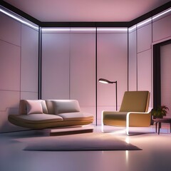 A futuristic living room with high-tech gadgets, LED lighting, and minimalist furniture1 - obrazy, fototapety, plakaty