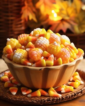 Nestled in a rustic wooden bowl, these candy corn treats are meticulously arranged in a whimsical pattern, resembling a miniature cornfield. The distinct layers of yellow, orange, and white
