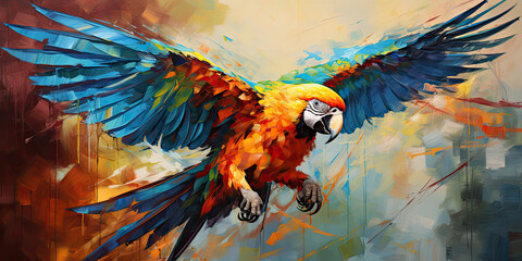 a painting of a colorful macaw in flight, in the style of speed painting, generative AI