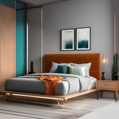 A modern bedroom with a platform bed, sleek furniture, and pops of vibrant color2