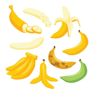 Set of banana fruit, various banana fruits flat icon set with Ripe Banana Slices, bunch, banana peel, unripe, overripe, cartoon exotic natural dessert isolated vector illustration collection.