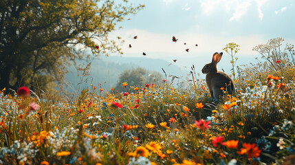 Kleiner brauner Osterhase sitzt auf einer blühenden Frühlingswiese inmitten von Ostereiern.  - obrazy, fototapety, plakaty