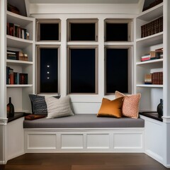 A cozy reading nook with a window seat, bookshelves, and soft lighting2